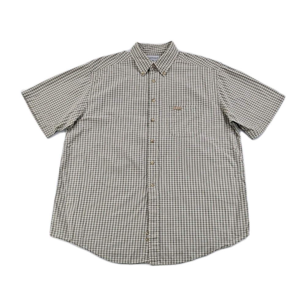 Carhartt Relaxed Fit Plaid Button Up Work Shirt Mens XL Green Tan Short Sleeve